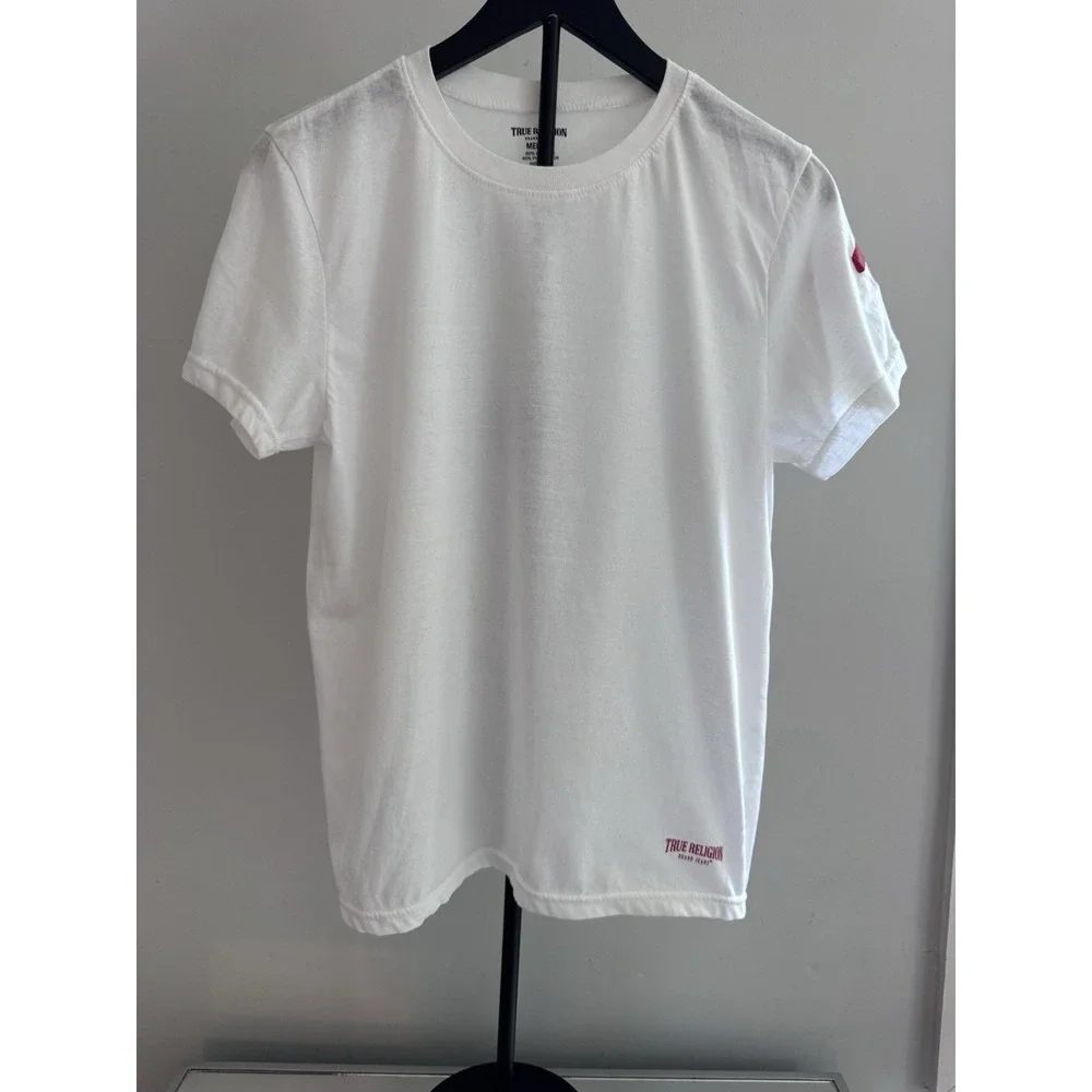 True Religion Logo Tee Short Sleeve Crew Neck T-Shirt White Red Graphic Size M